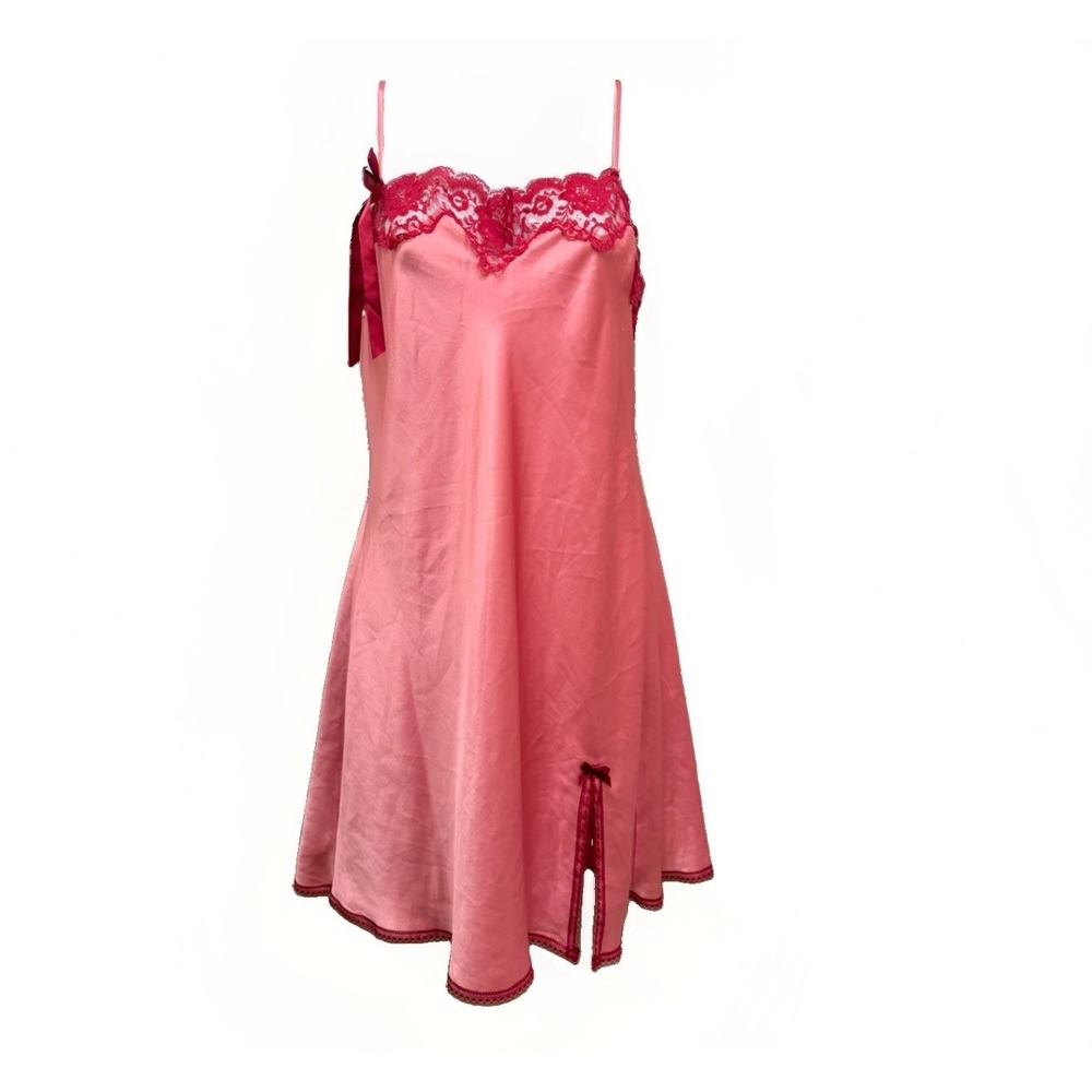 Vintage Victoria's Secret Angels Pink Lace Slip Satin Nightgown Bow Size L